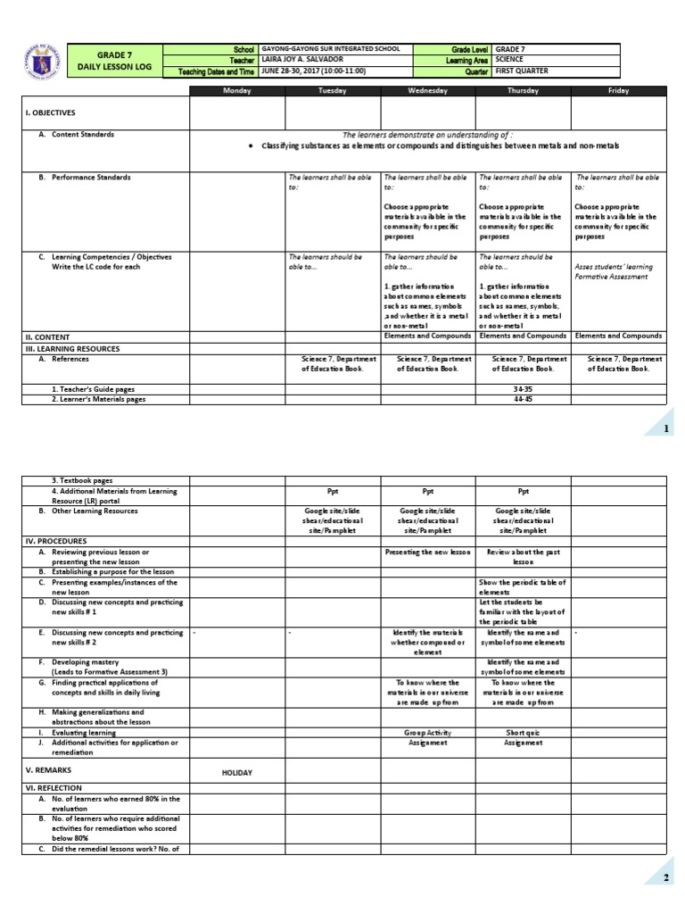 Grade 7 Science Daily Lesson Log | PDF | Education Theory | Learning
