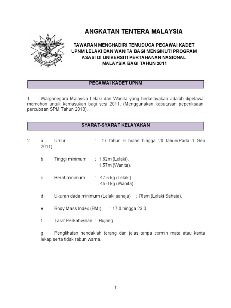 Tawaran Kemasukan Pegawai Kadet Upnm Pdf