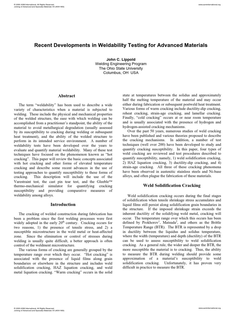 Weldability Testing For Advanced Materials | PDF | Fracture | Welding