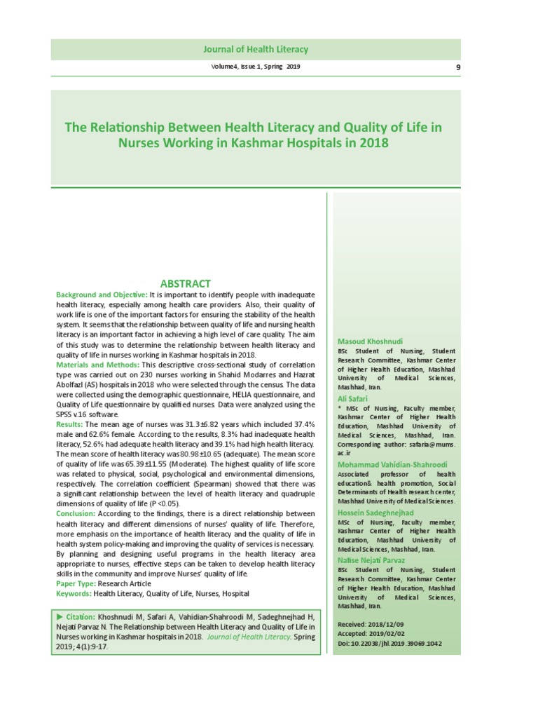 Health Literacy's Impact on Nurses' Quality of Life | PDF | Cronbach's ...