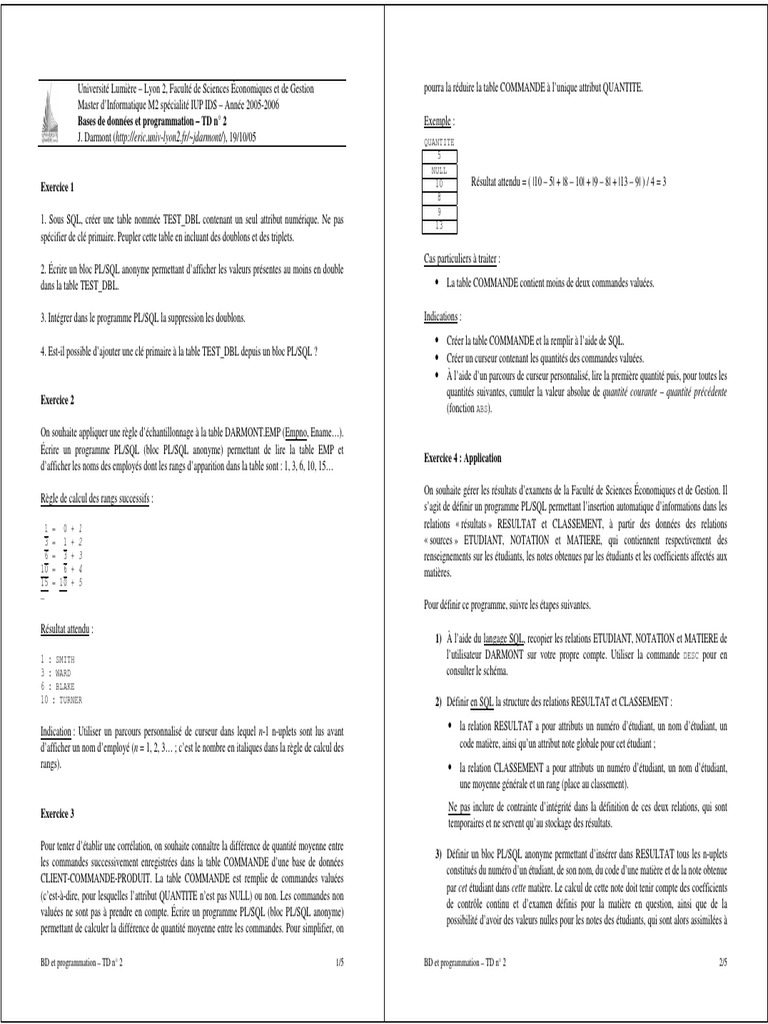 Exercices SQL et PL/SQL pour M2 Informatique | PDF | PL/SQL | SQL