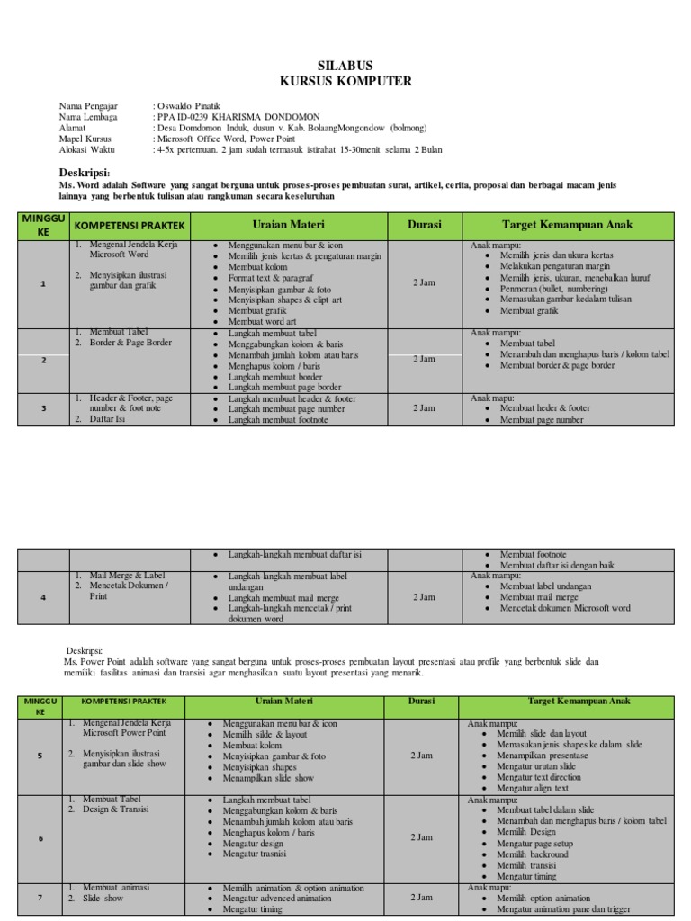 Silabus Kursus Microsoft Office | PDF
