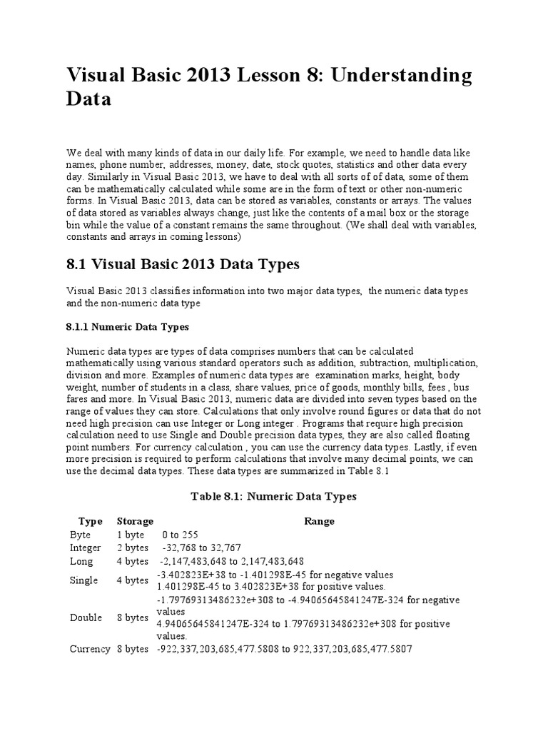 Visual Basic 2013 Lesson 8: Understanding Data | Download Free PDF ...