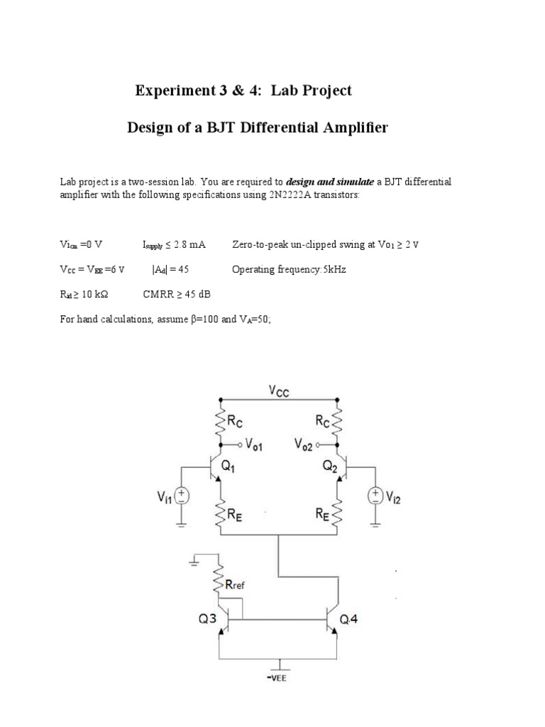 Experiment 3 & 4: Lab Project Design of A BJT Differential Amplifier | PDF