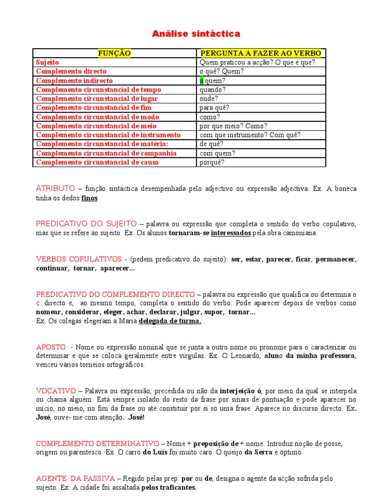 Ficha de Sintaxe - Informação e Exercícios | PDF | Assunto (gramática ...