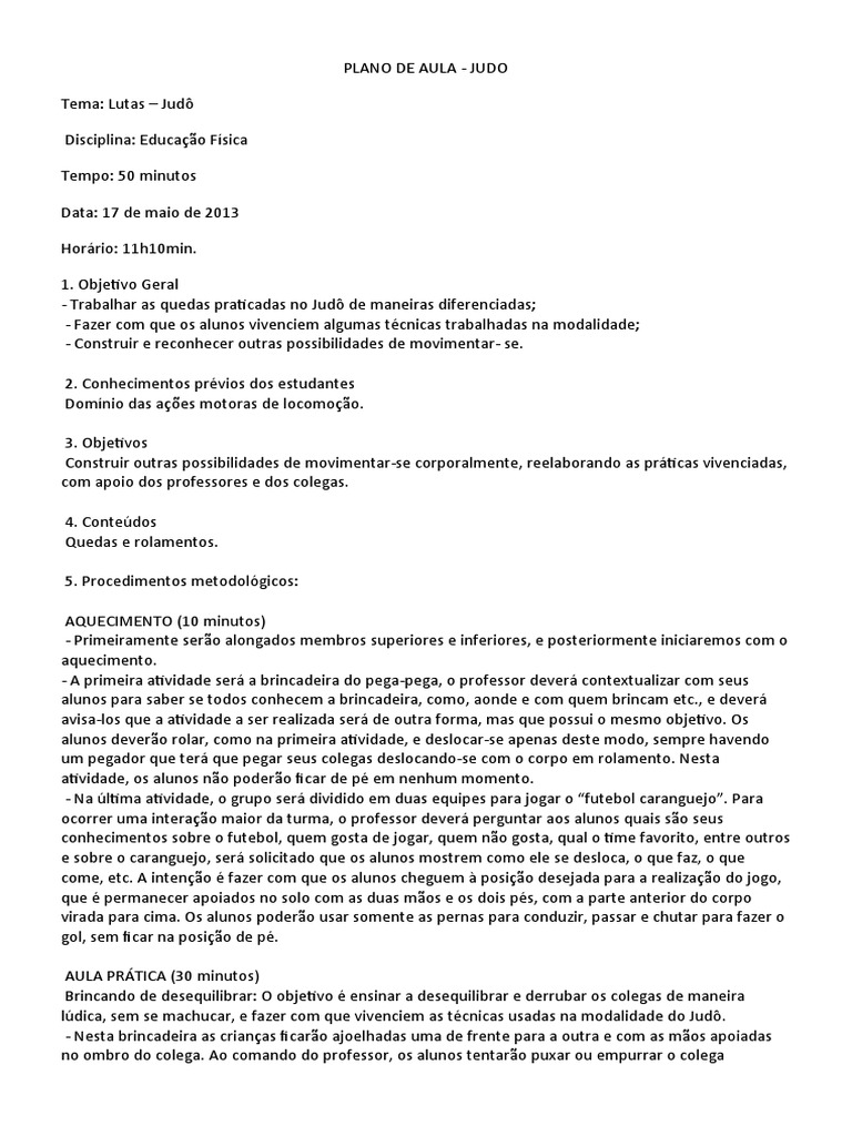 PLANO DE AULA Judô | Download grátis PDF | Judô | Esportes