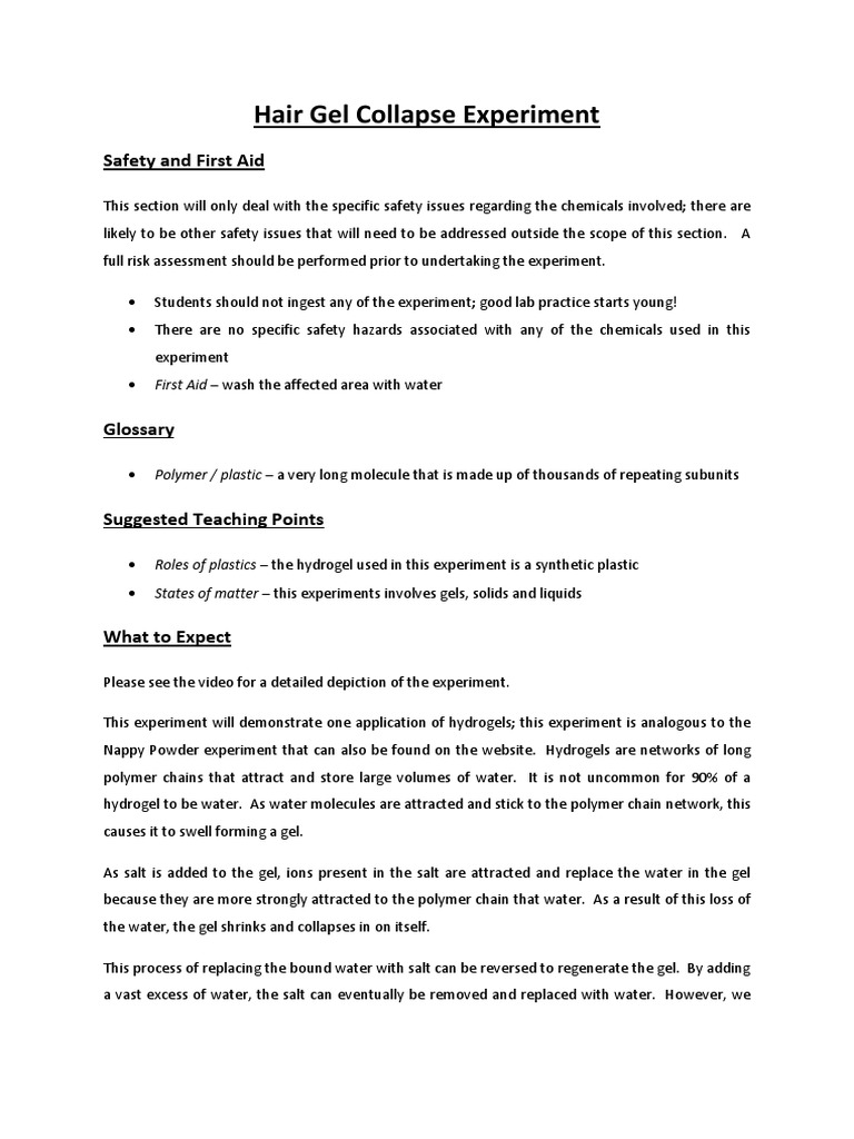 Hair Gel Collapse Experiment: Safety and First Aid | PDF | Gel | Water