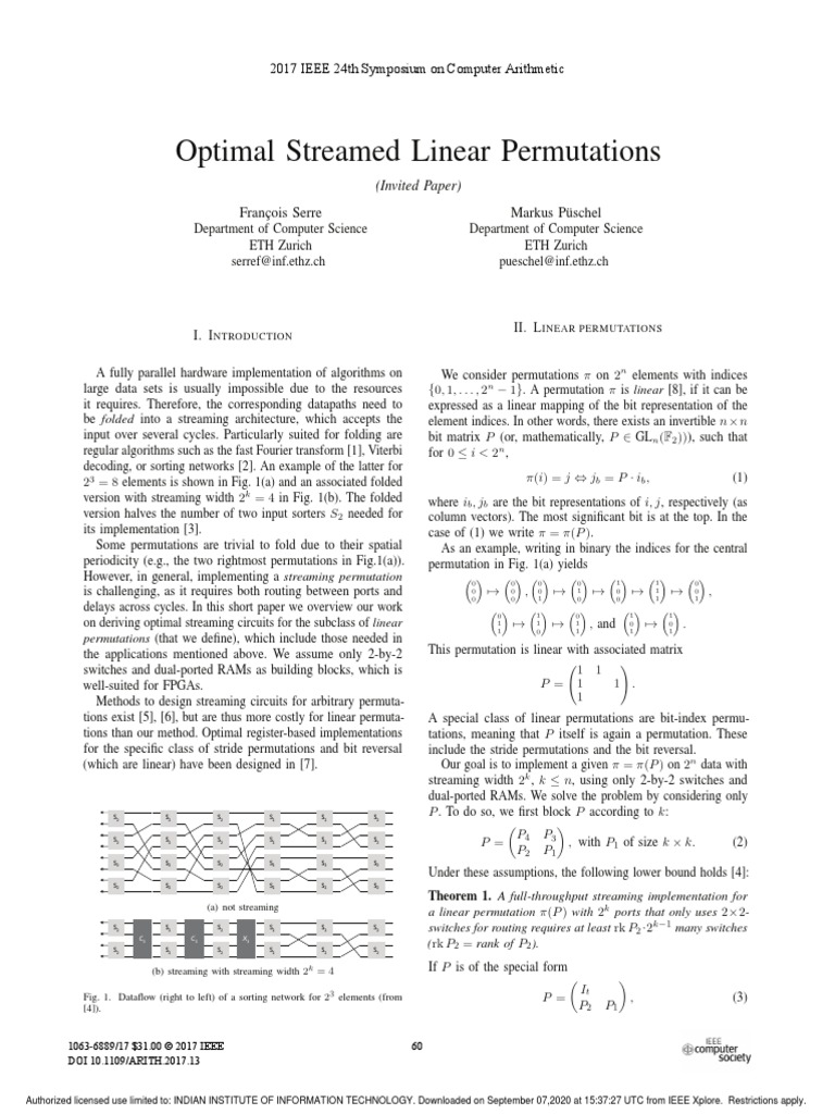 Optimal Streamed Linear Permutations | PDF | Permutation | Algebra