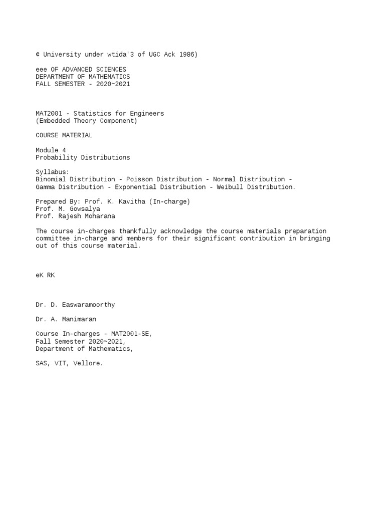 MAT2001-SE Course Materials - Module 4 | PDF | Probability Distribution ...