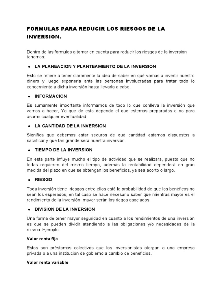 Formulas para Reducir Los Riesgos de Inversion | PDF | Inversiones ...