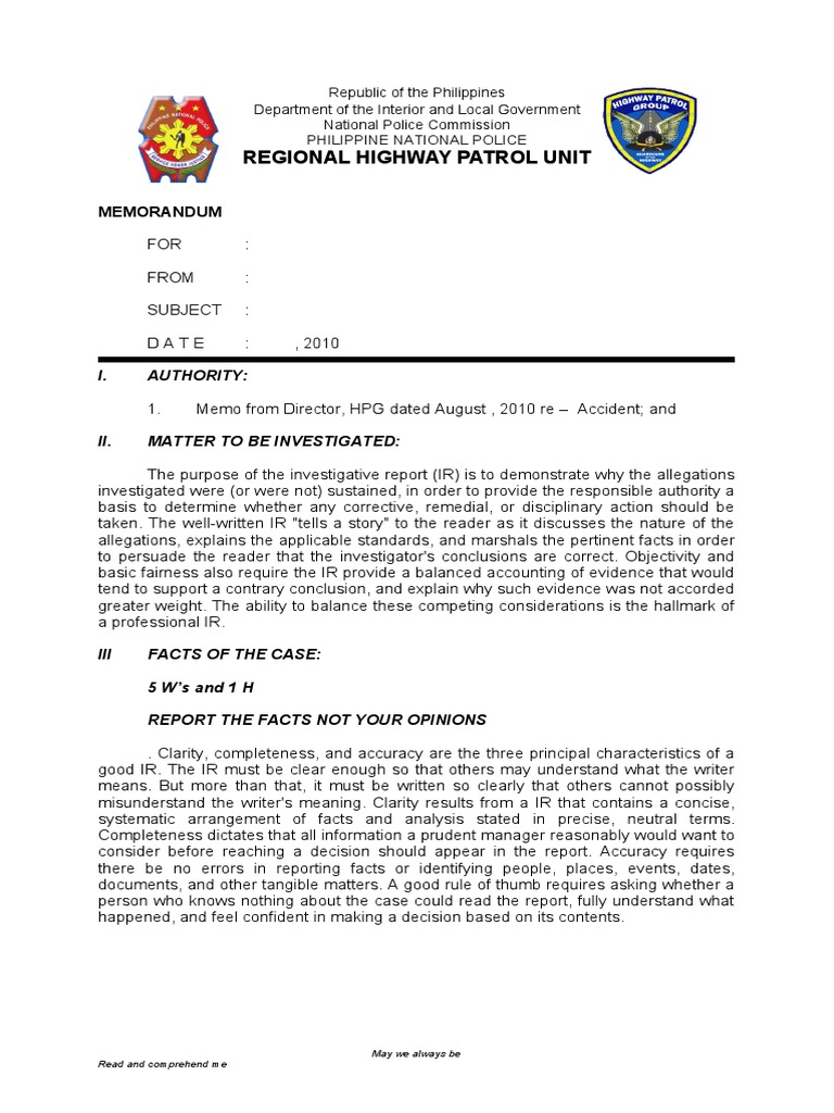 REVISED FORMAT TRAFFIC ACCIDENT INVES. REPORT FORM (1) | Memorandum ...
