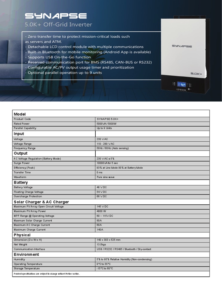 Synapse 5.0K+ Inverter Specifications | PDF | Technology & Engineering