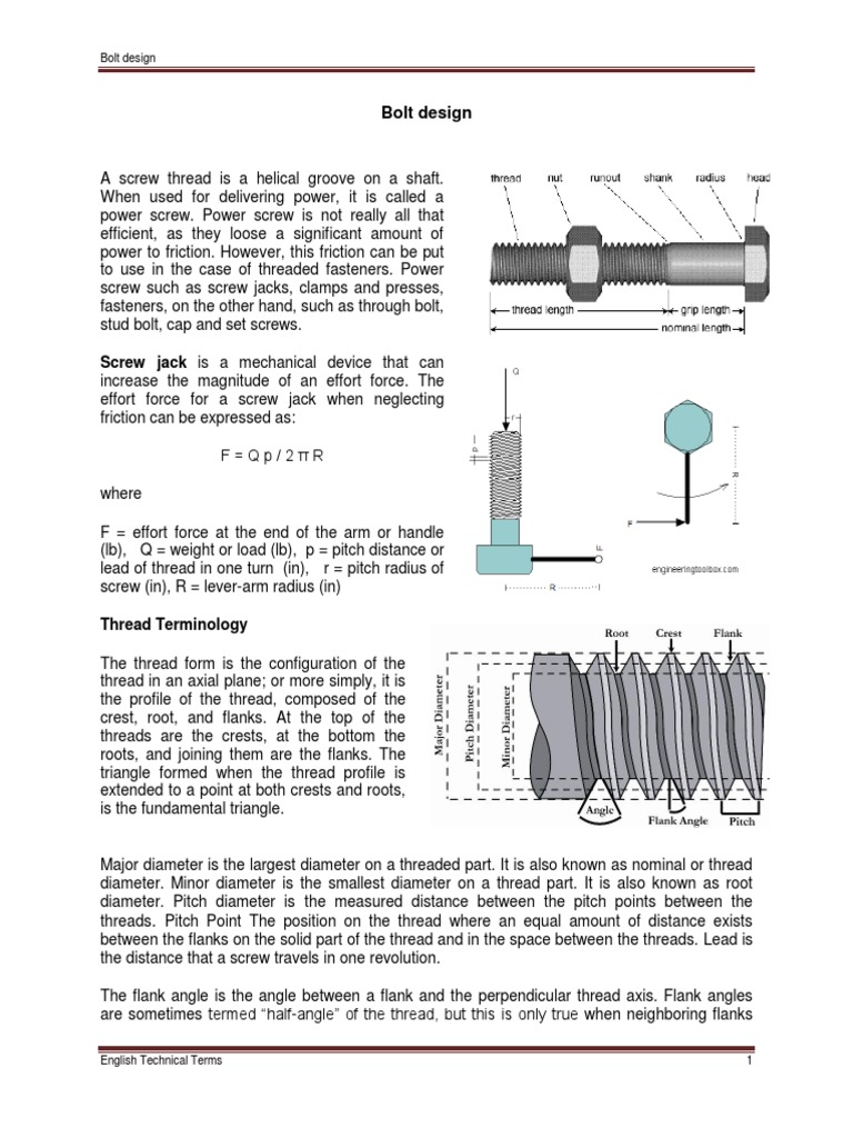 Bolt Design and Thread Terminology | PDF | Screw | Tools