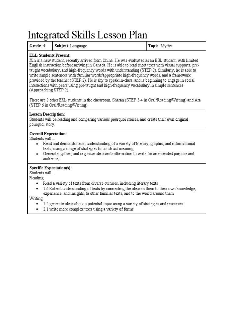 Integrated Skills Lesson Plan: Grade: 4 Subject: Language Topic: Myths ELL  Students Present | PDF | Lesson Plan | Behavior Modification