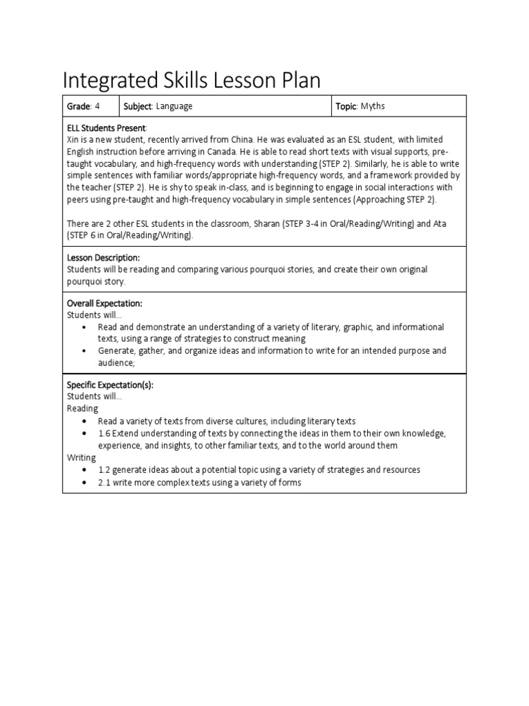 Integrated Skills Lesson Plan for Myths | PDF | Lesson Plan | Semiotics