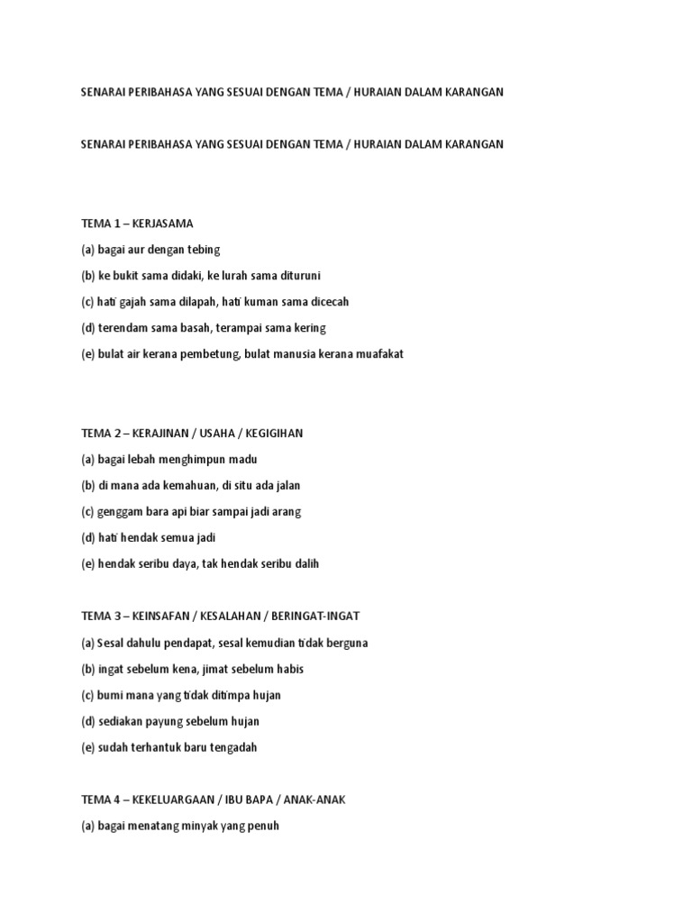 Senarai Peribahasa Yang Sesuai Dengan Tema Pdf