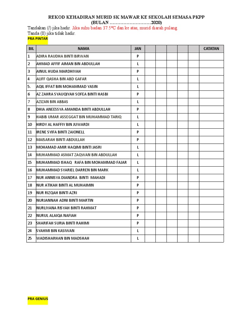 Borang Kehadiran Murid Ke Sekolah Semasa Pkpp 10ogos2020