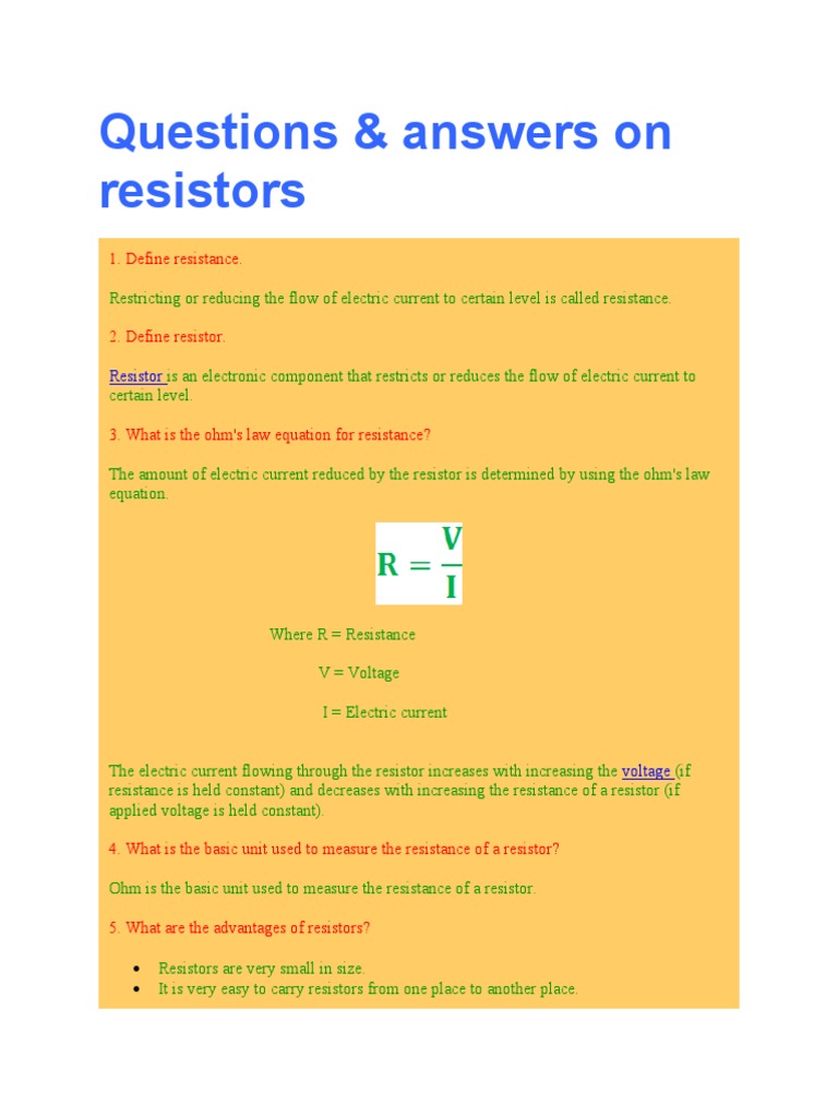 Questions & Answers On Resistors 1. Define Resistance PDF Resistor Electrical Resistance
