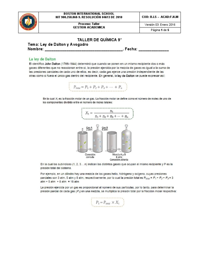 Taller de Química: Dalton y Avogadro | PDF | Mole (Unidad) | Gases