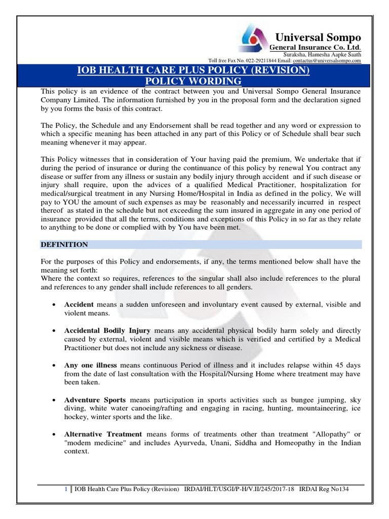 IOB Health Care Plus Policy Overview | PDF | Insurance | Hospital