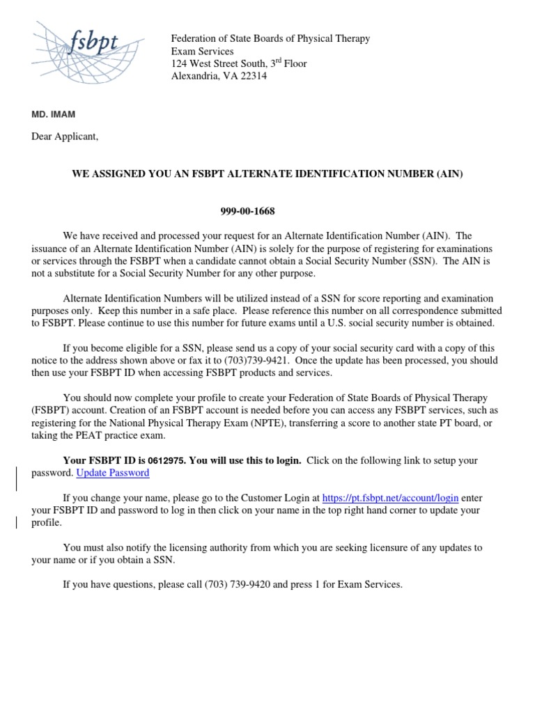 FSBPT Alternate ID Assignment Notice | PDF