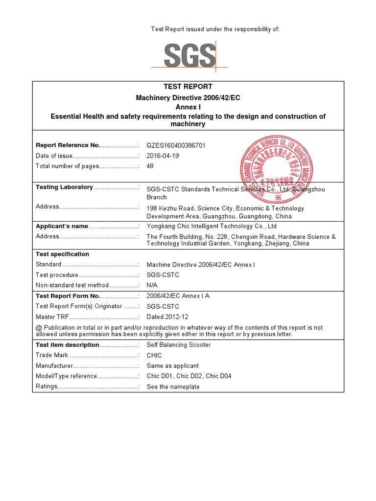 Machinery Directive Compliance Report | PDF | Risk | Control System