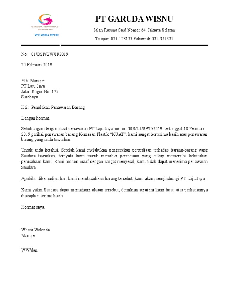 Surat Penolakan Penawaran Ke Pt Laju Jaya Contoh Surat