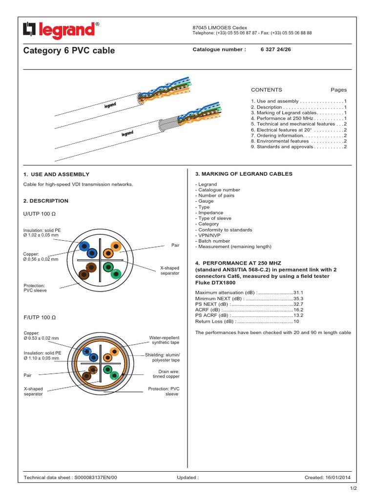 Legrand Cat6 Cable Datasheet | PDF | Electrical Engineering | Electricity