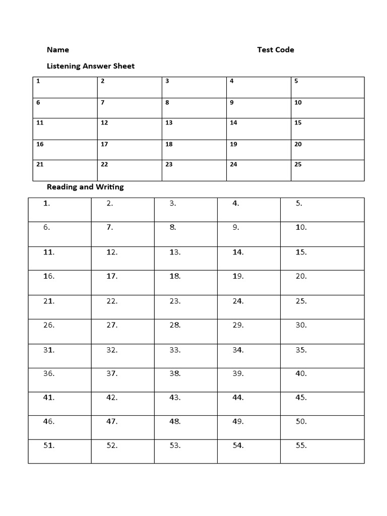 Name Test Code Listening Answer Sheet | PDF | Tests
