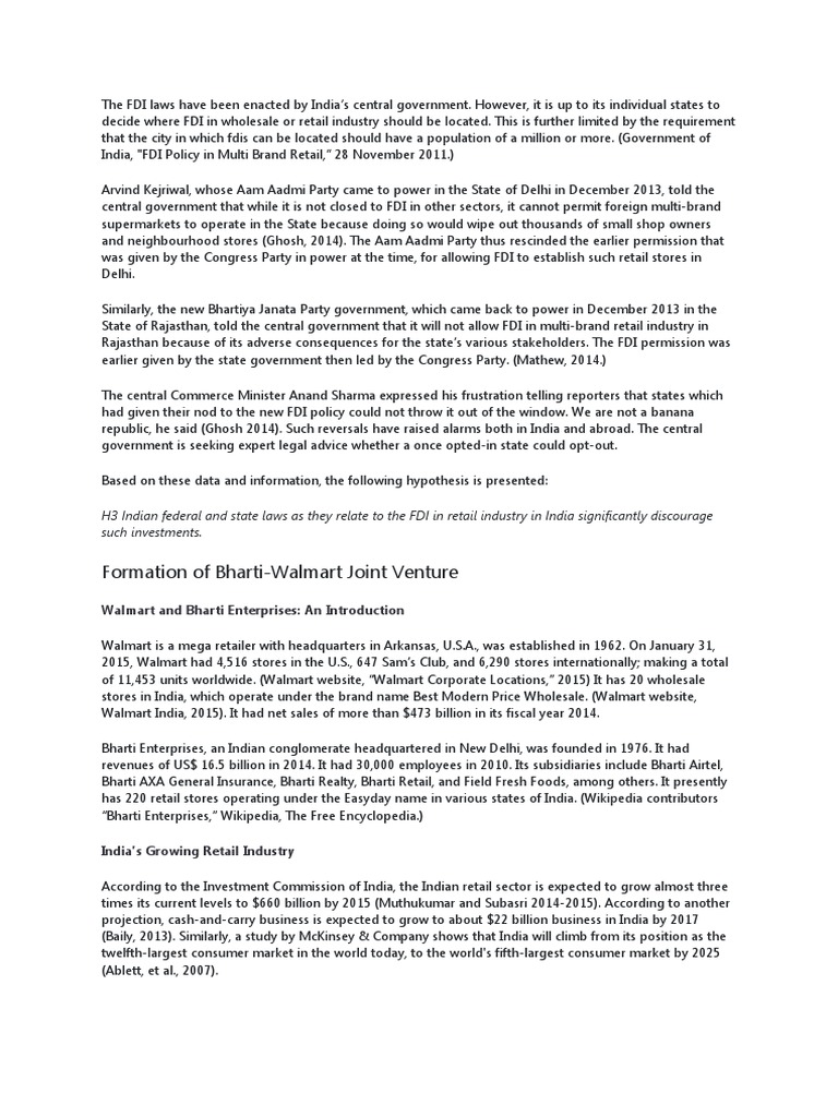 Formation of BhartiWalmart Joint Venture PDF Walmart Companies