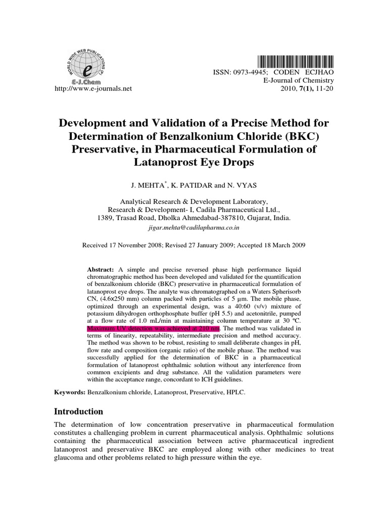 HPLC Method for Benzalkonium Chloride in Eye Drops | PDF | High ...