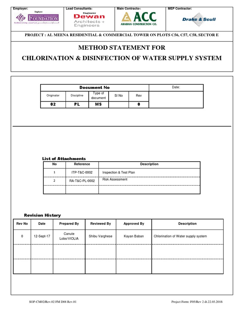 Method Statement For Chlorination & Disinfection of Water Supply System ...