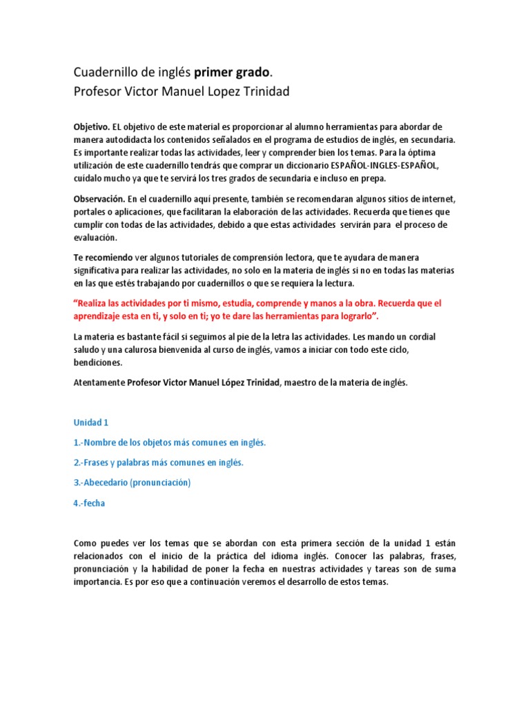 Cuadernillo De Ingles De Primer Grado Secundaria Del Estado Pdf Verbo Asunto Gramatica