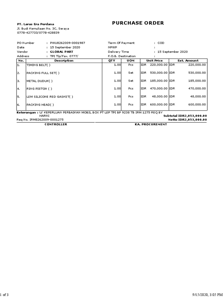 Purchase Order Sparepart PO-1987 | PDF