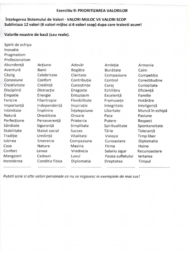 Exercitiul Valori Personale Pdf