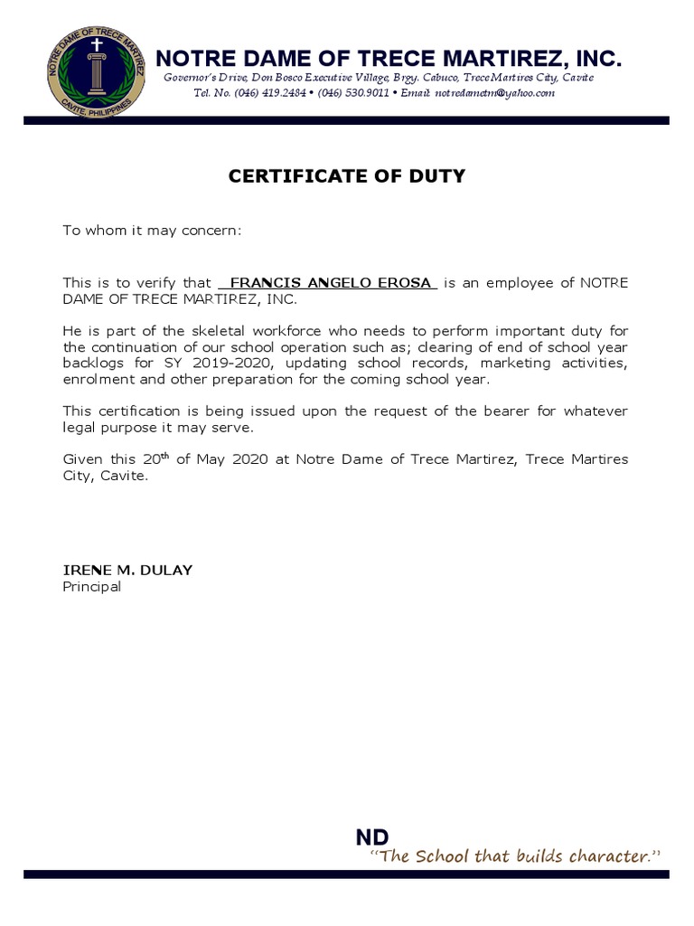 Certificate of Duty PDF