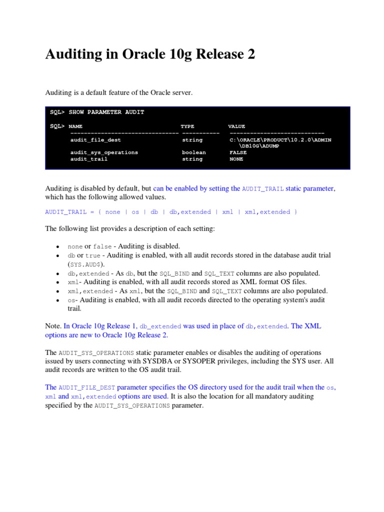 Oracle 10g Auditing Overview | PDF | Databases | Data Management