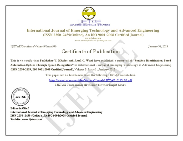 IJETAE Certificate 0113 90 PDF | PDF | Technology & Engineering