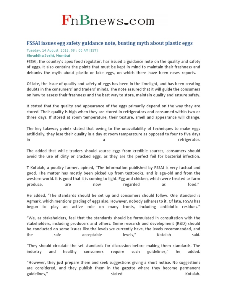 FSSAI Issues Egg Safety Guidance Note, Busting Myth About Plastic Eggs ...