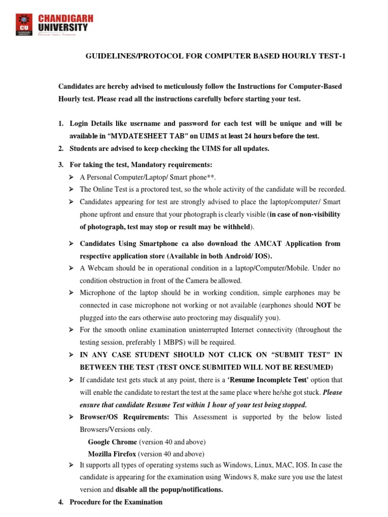 Guidelines/Protocol For Computer Based Hourly Test1 PDF Computing