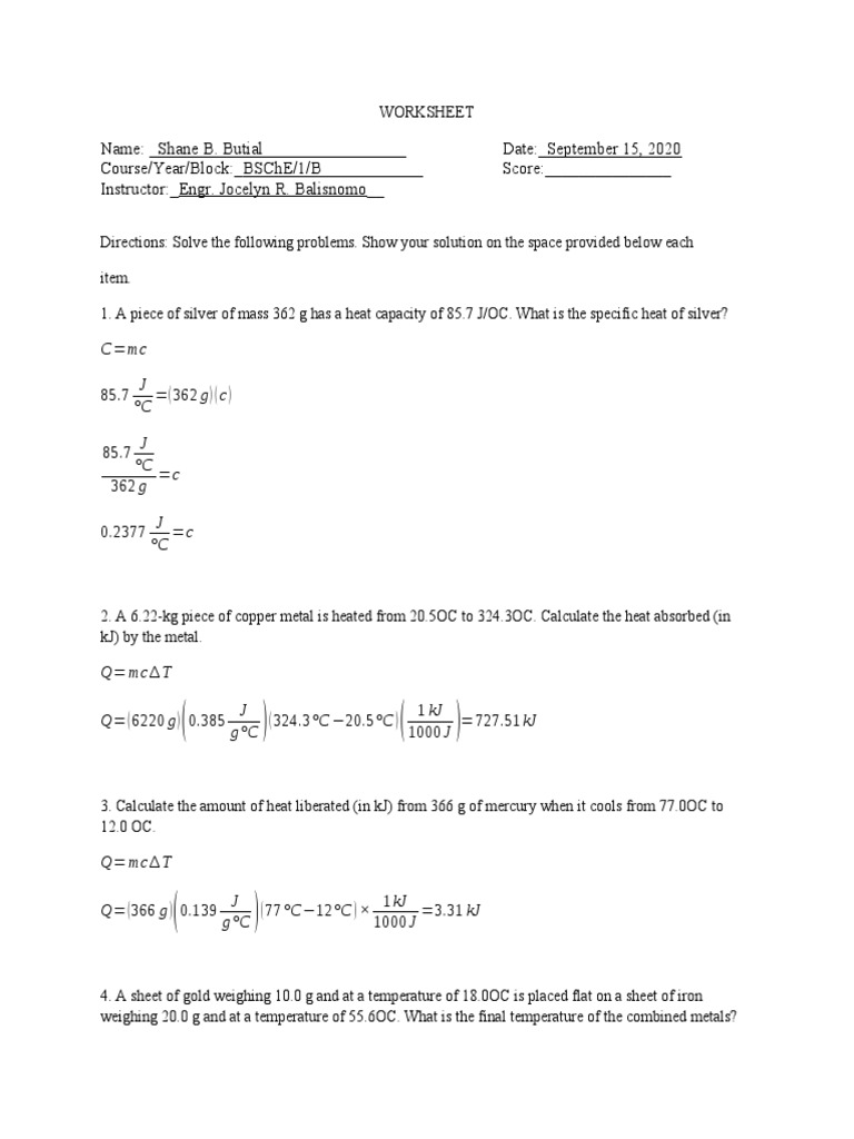 Worksheet CalorimetryCalculations Butial Shane Bsche1b PDF