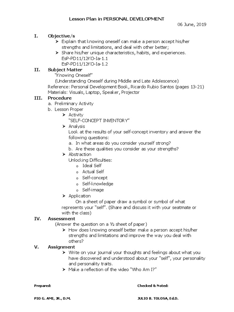 Lesson Plan in Personal Development: Prepared: Checked & Noted | PDF