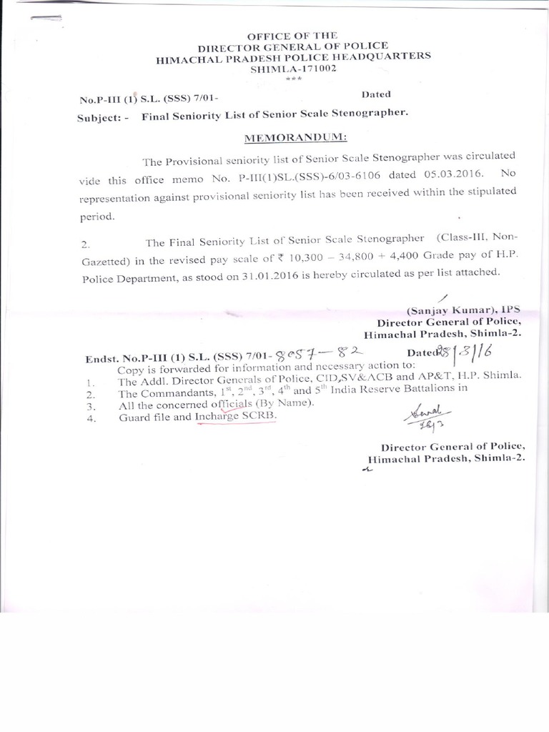 Final Seniority List of Senior Scale Stenographer | PDF