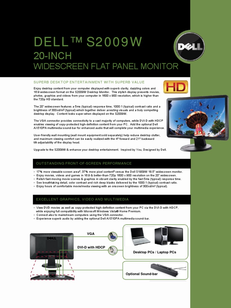 Dell™ S2009W: 20-Inch | PDF | Computer Monitor | Display Resolution