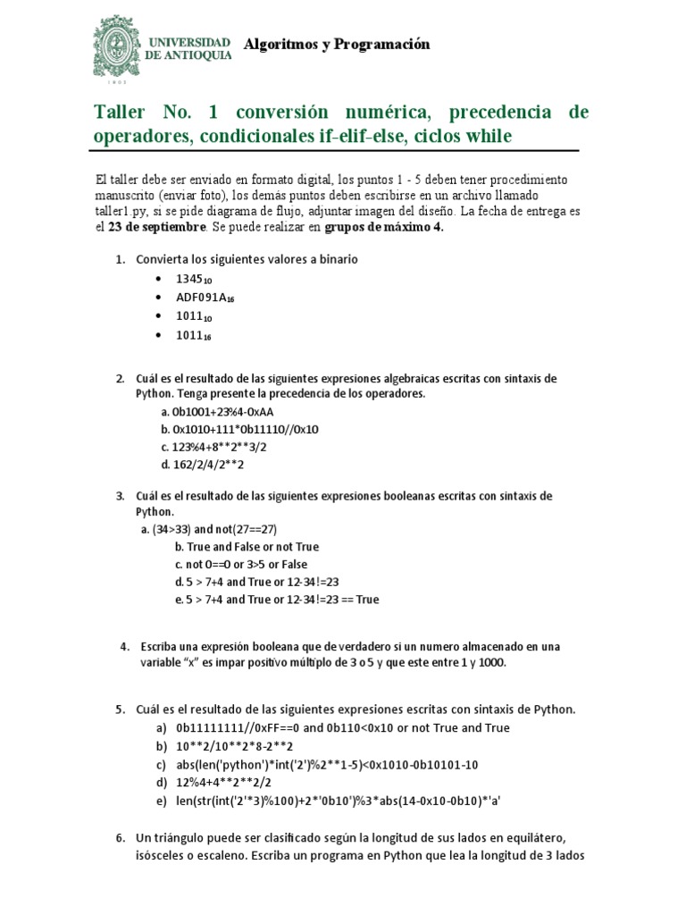 Taller de Algoritmos y Programación Python | PDF | Python (lenguaje de ...
