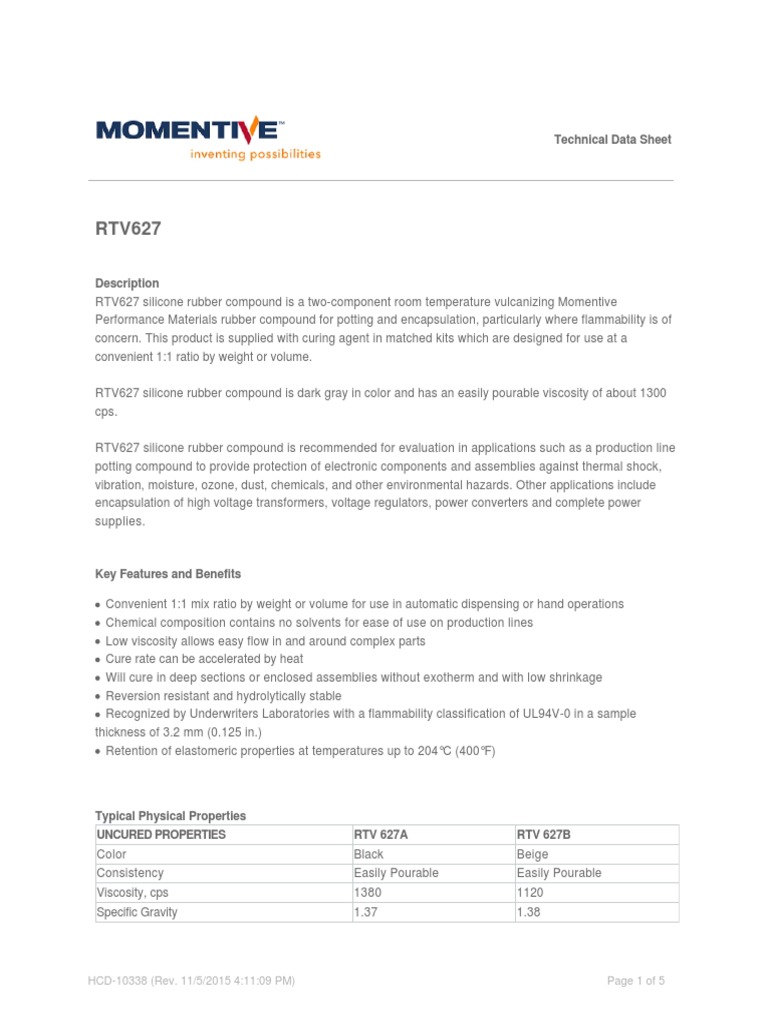 RTV627 Silicone Rubber Compound Data | PDF | Silicone | Natural Rubber