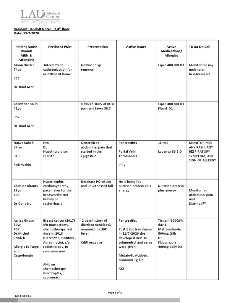Handoff Note 1372020!!!! PDF Clinical Medicine Medical Specialties