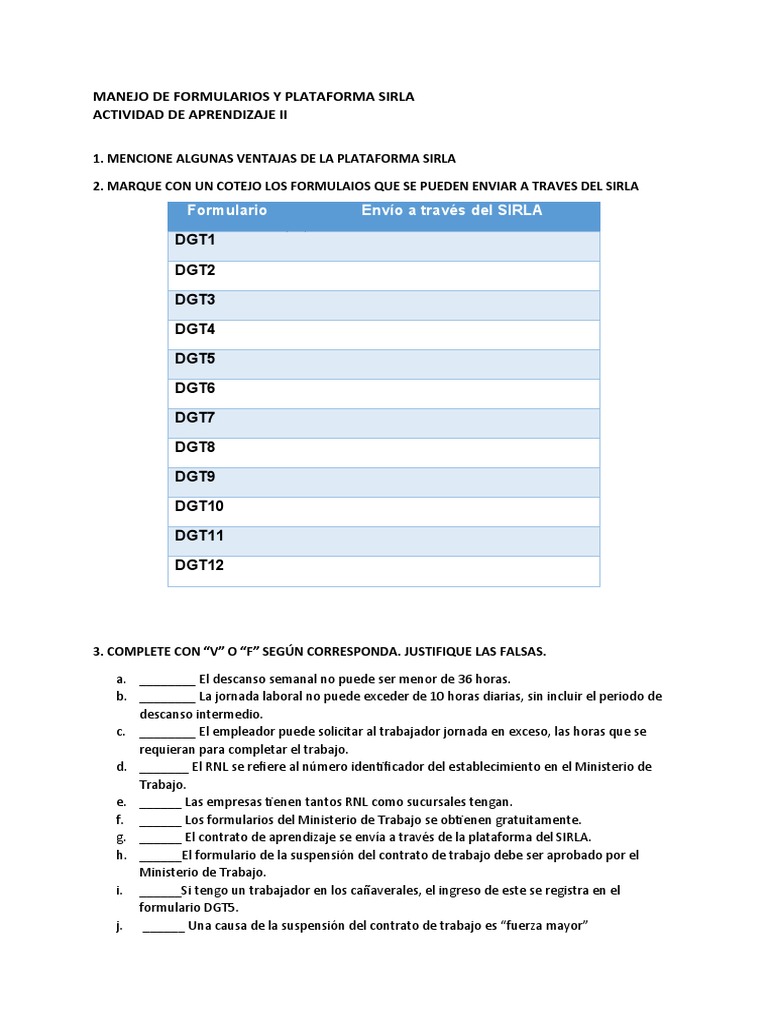 Formularios y plataforma SIRLA: Herramientas para la gestión laboral | PDF