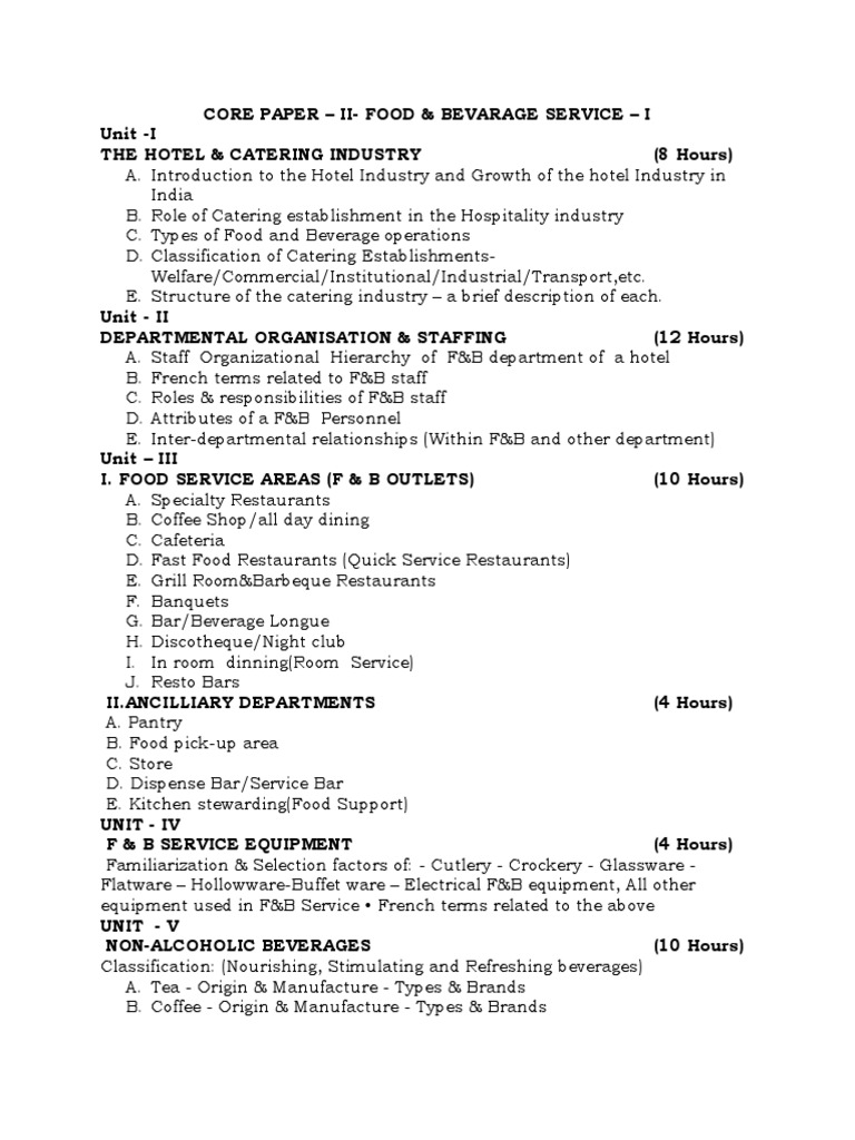 Food & Beverage ServiceI MU Syllabus PDF Foodservice Drink