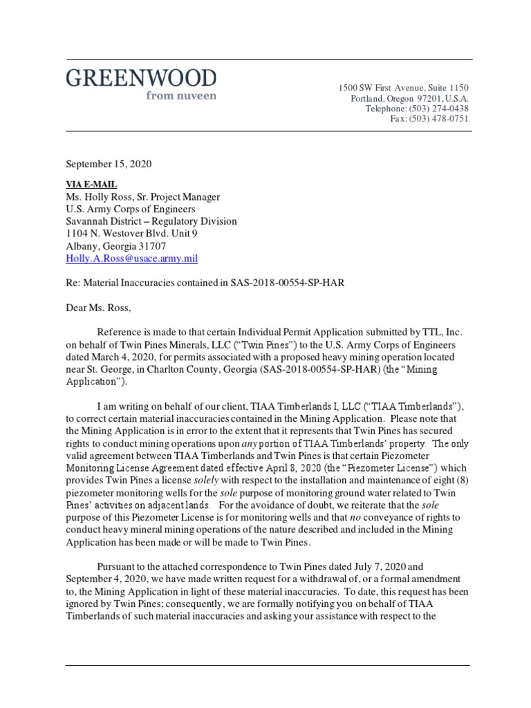 TIAA Letter To Army Corps of Engineers | PDF | Justice | Crime & Violence